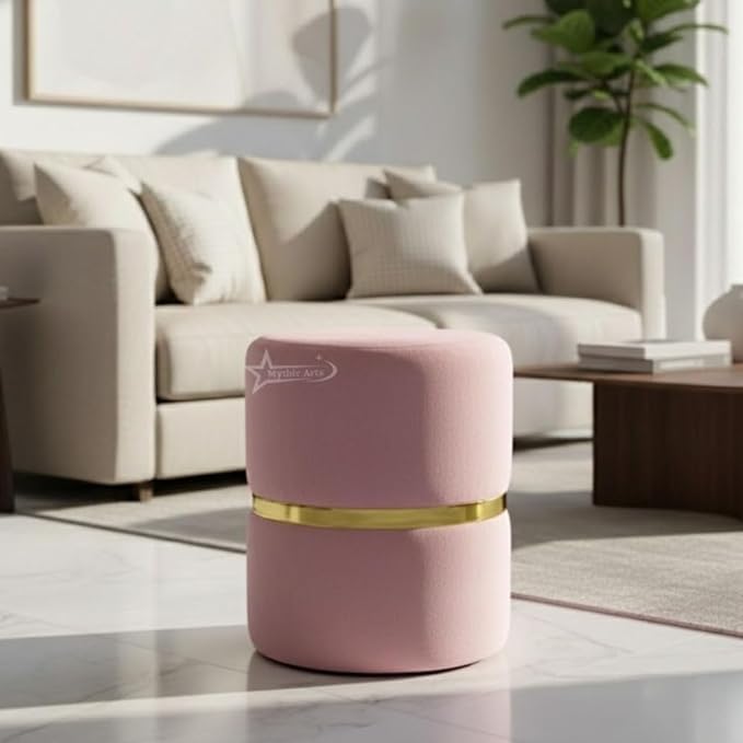 Image of Round Single Strip Upholstered Stool Living Room Foot Rest Linen Fabric Padded Seat Pouf Ottoman Office Stool Pink