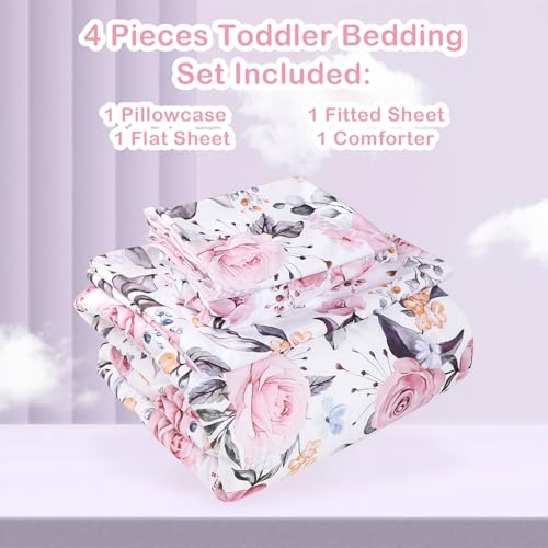Image of Pea Pod Toddler Bedding Set for Girls, 4 Piece Soft & Breathable Floral Crib Bedding Set, Bed-in-A-Bag Toddler Microfiber Sheet Set, Includes Comforter, Flat Sheet, Fitted Sheet, Pillowcase, Pink
