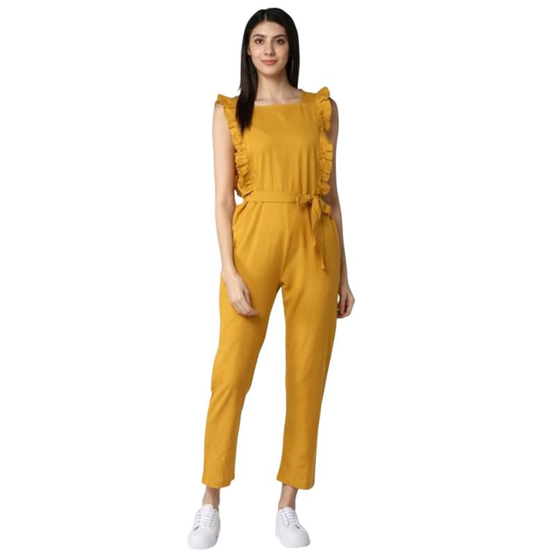 Tomar CreationWomen's Cotton Linen Solid Sleeveless Jumpsuit (Yellow, L)-PID61793-image-49