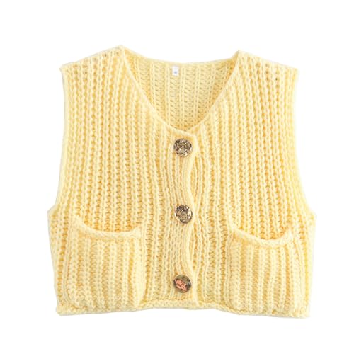 Image of UAURORAO Women Chunky Sweater Vest Button Down Crochet Cable Knit Cardigan Sleeveless Open Front Knitted Crop Waistcoat