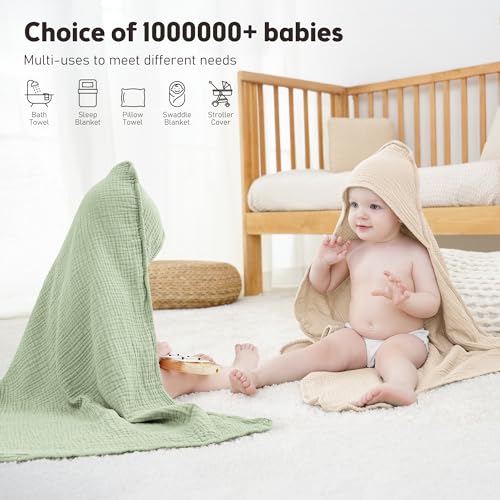 Image of Susurration Hooded Baby Towels for Newborn 2 Pack 100% Muslin Cotton Towel for Babies，Highly Absorbent and Newborn Essential 30x30 Inch (White&Green)