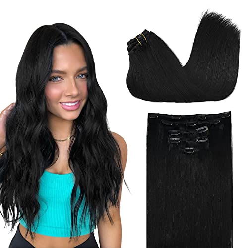 Image of DOORES Clip in Human Hair Extensions, 80g 5pcs Jet Black 20 Inch Remy Hair Extensions Clip in Natural Straight Real Hair Extensions