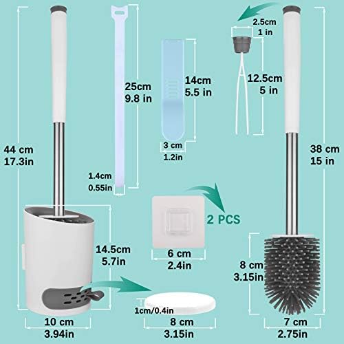 Toilet Brush and Holder Set Silicone Eco Toilet Bowl Scrubber Cleaner with Replaceable Bristle Head Aluminum Handle Removable Drawer Diatom Mud Pad Toilet Seat Cover Lifter for Bathroom Home