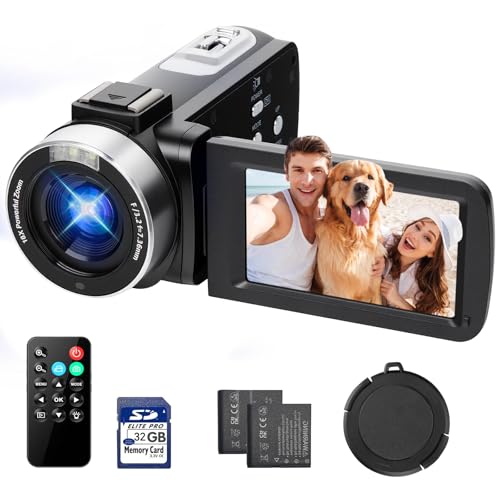 Aroeally Camcorder Video Camera 4K, 42MP Vlogging Camera for YouTube with 18X Digital Zoom, 3.0 270° Flip Screen, Includes 32GB SD Card, 2 Batteries, Remote, Webcam Mode