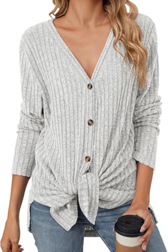Women's Long Sleeve Open Front Knit Sweater Button Cardigan Tie Front Knot Tunic Tops Fall Loose Fit Outerwear (Light Grey,Large)