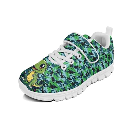 Boys Sneakers Kids Running Shoes Girls Mesh Fitness Shoe Indoor Training Sneaker Lightweight Outdoor Sports Athletic Tennis Shoes for Little Kid White Sole Dinosaur Camouflage Pattern