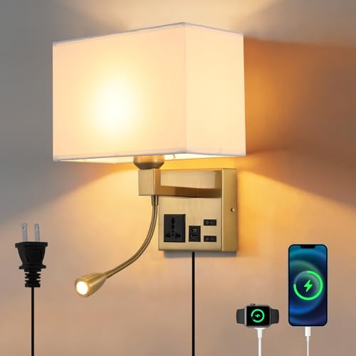 Image of Wall Lamp for Bedroom Living Room Office Hotel, Plug in Wall Sconce with AC Outlet & USB Charging Port, Wall Mount Reading Light 360Adjustable, Gold Headboard Lamp With 3 Color Temperature