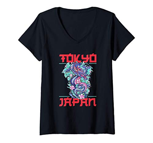 Damen Japanese Gifts - Tokyo Dragon Asian Retro 80s Style Japan T-Shirt mit V-Ausschnitt