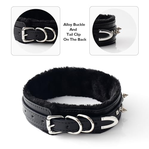Gothic Punk Choker for Women, Handmade PU Leather Collar with Crystal Rivets Soft Inner Fur Comfortable Necklace4