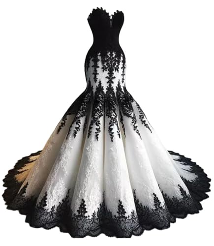 Mermaid Wedding Dress for Bride Strapless Black Lace Bridal Gowns Sweetheart Wedding Gowns with Train White US 6