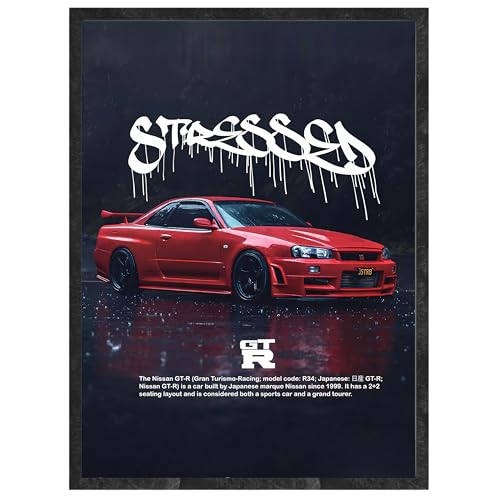 Image of Stylish Nissan GT-R R34 Poster A4 Size - Street Art Graffiti Car Wall Decor | JDM Sports Car Print | Aesthetic Automotive Wall Art for Room & Office (Design 12)