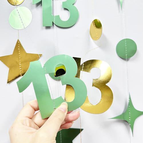 Image of Sage Green Gold 13th Birthday Decorations Number 13 Circle Dot Twinkle Star Garland Glitter Hanging Streamer Banner Backdrop Girls Boys Cheers to 13 Years Old Birthday Official Teenager Party Supplies