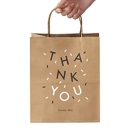 (50 counts) Ink Methodology Confetti Thank You Gift Bags - Bulk Brown Kraft Paper Bags with Sturdy Handle - Wedding, Goodies, Merchandise for Customers or Guests (8x4.75x10in, Medium)