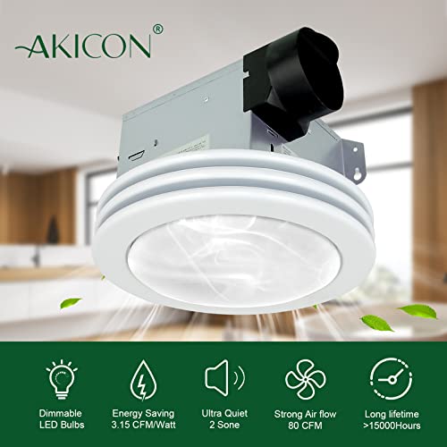 Akicon Ultra Quiet Bathroom Exhaust Fan With Led Light 80Cfm 2.0 Sones Round Bathroom Ventilation Fan With Frosted Glass Cover Satin White Finish (Satin White) #TOP3