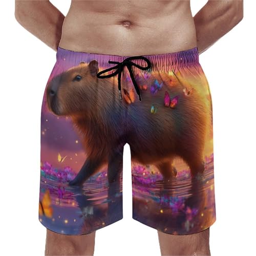 Cute Capybara Butterfly Sunset Mens Swim Trunks Quick Dry Beach Swimming Shorts with Mesh Lining and Pockets