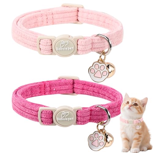 Babole Pet 2 Pack Corduroy Cat Collars - Cute Breakaway Cat Collar with Bell and Paw Pendant Soft Adjustable Fall Winter Kitten Collars for Girl Boy Cats Pink&Deep Pink
