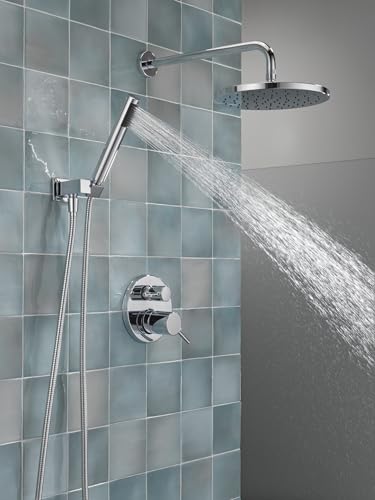 Image of Delta Modern 14 Series Round Rain Shower System Faucet Set, Rainfall Chrome Shower Head and Handle Set, Valve Trim Kit, 10 Inch, Chrome 342702