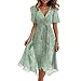 Shusuen Womens Boho Floral Printed Chiffon Dresses 2025 Elegant V-Neck Belted Summer Wedding Prom Cocktail Midi Dress（1-Mint Green,Small）