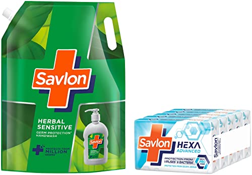 Image of Savlon Herbal Sensitivel pH balanced Liquid Handwash Refill Pouch, 1500ml, Fresh, 1.5 l (Pack of 1) & Savlon Hexa Advanced Germ Protection Bathing Soap Bar, 125 g (Pack of 5)