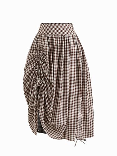 CIDER Skirts for Women Gingham Maxi Skirt Plaid A Line Mid Waist Drawstring Ruffle Hem Long Skirt Casual2