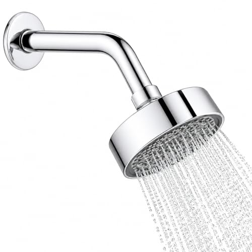 Image of HOUZA Round Shower Head for Bathroom | 4 Inch Single Flow Overhead Shower with Arm | Adjustable Bathroom Shower with Even Water Flow & Rust Resistant | Anti-Clog Silicone Nozzles for Wall Mounting