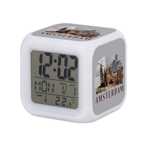 Image of Fabulous Amsterdam Light Up Cube Alarm Clock - Travel Postcard Collage - 8 x 8 x 8 cm - Retro Multi-Coloured LED Lighting