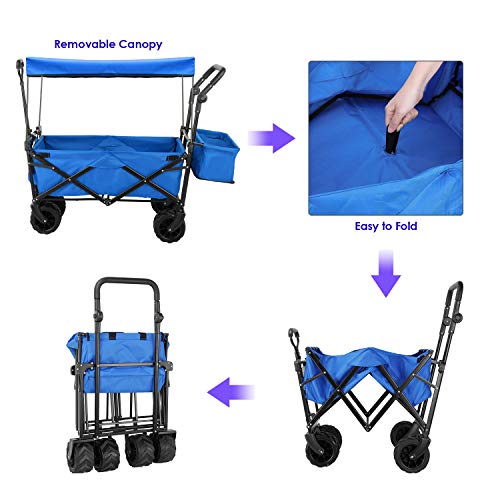 Push And Pull Collapsible Utility Wagon, Heavy Duty Folding Portable Hand Cart With Removable Canopy, 7“ All-Terrain Wheels, Adjustable Handles And Double Fabric For Shopping, Picnic, Beach, Camping #TOP5
