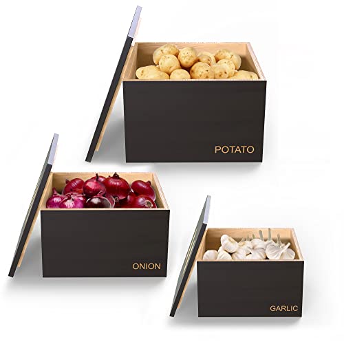 MapleFern Potato Onion and Garlic Storage Bamboo Vegetable Bins 3 Piece Stackable, Black engraved Container for Pantry or Counter, Easy Storage Wooden Kitchen Accessories, Modern Canisters Kitchen Set