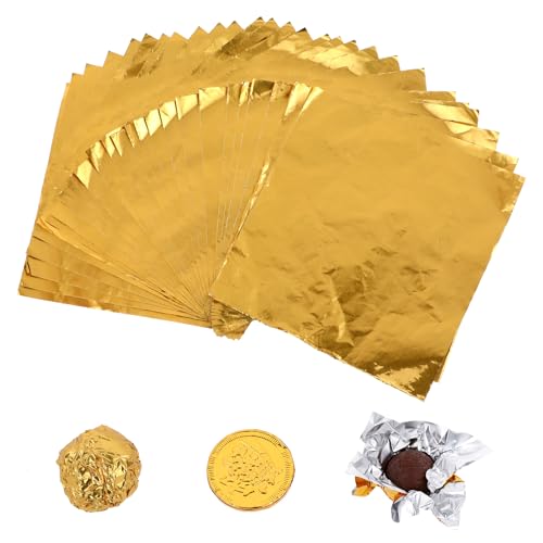 Aeaocvo 100 envoltorios de papel de aluminio dorado de 10 x 10 cm, papel de aluminio dorado cuadrado, envoltura de caramelos, caramelos, envoltorios de papel de aluminio para decoración y