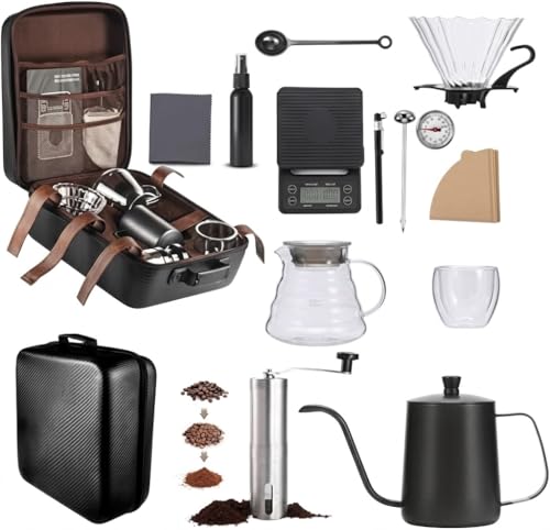 Portable Coffee Maker Travel Kit 15-in-1 Complete Pour Over Set with Manual Grinder Digital Scale Gooseneck Kettle Glass Dripper & Server Double Wall Cups and Hard Carry Case for Camping & Home
