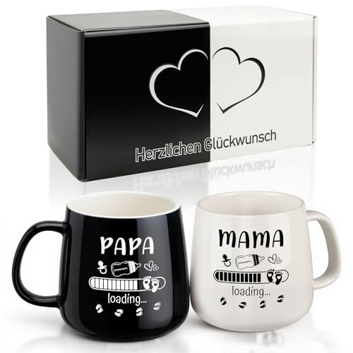 TUZELIYA Mama & Papa Kaffeetassen Set – Geschenk werdende Eltern, 350ml Schwarz-Weiße Tassen für Schwangerschaft verkünden, Baby Shower,Valentinstag & Jahrestag