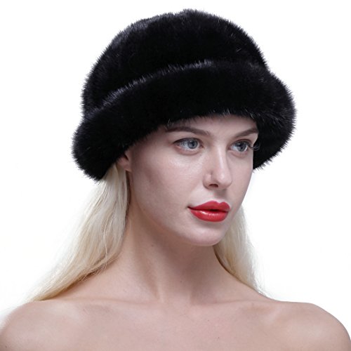 URSFUR Women's Genuine Mink Roller Hat Cap with Mink Top Black