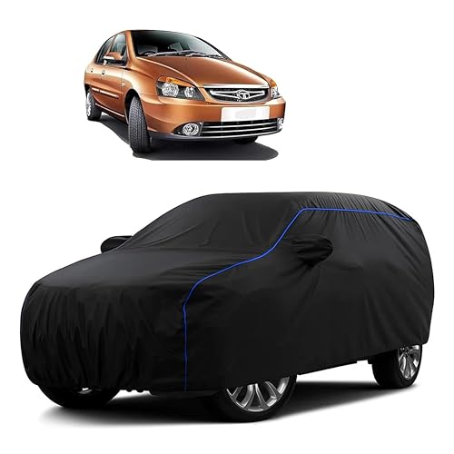 Image of Sulfar 100% Water Resistant Car Body Cover Compatible with Mirror for Tata Indigo CS (Triple Stitched, Full Bottom Elastic, Black Tafetta with Blue Piping)
