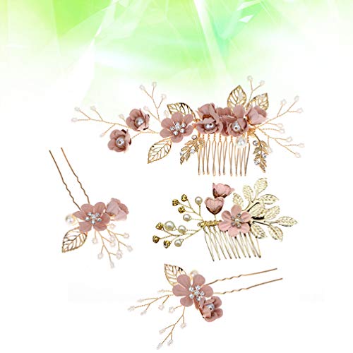 Nuobesty 4Pcs Wedding Hair Clip Comb Handmade Bridal Hair Clip Pearl Floral Leaf Hair Accessories For Women Wedding (Pink) #TOP3