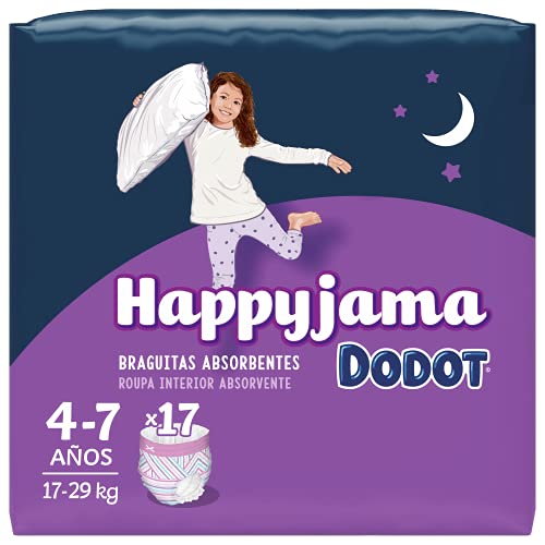 Dodot HappyJama - Pañales Niña 4 - 7 Años, 17 Unidades, 17 - 29 kg, Protección anti-fugas Durante La Noche