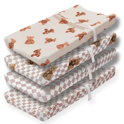 Image of Fitted Baby Neutral Changing Pad Covers Bear and Buffalo Check Plaid Breathable Unisex Baby Sheet Set for Boys or Girls