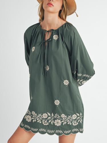 Image of Joiemont Womens Embroidered Long Sleeve Mini Dress Loose Fit Vintage Embroidery Dress with Double Neckline Self Tie