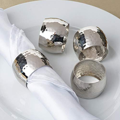TABLECLOTHSFACTORY Shiny Silver Plated Hammered Curved Napkin Rings - 4/pk