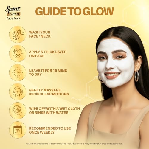 Image of Spinz DeTan Face Pack with Besan, Honey & Kojic Acid | Tan Removal cream for Brightening & Glow | Salon-like Glow in 15 mins | 72g, Pack of 6 (12g x 6)