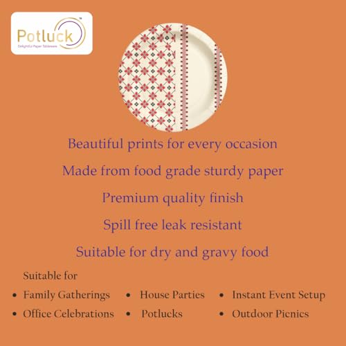 Image of Potluck Red Pattern Disposable Paper Plates, 9 Inch Food Grade Tableware for Parties, Events, Snacks & Meal Serving Pack