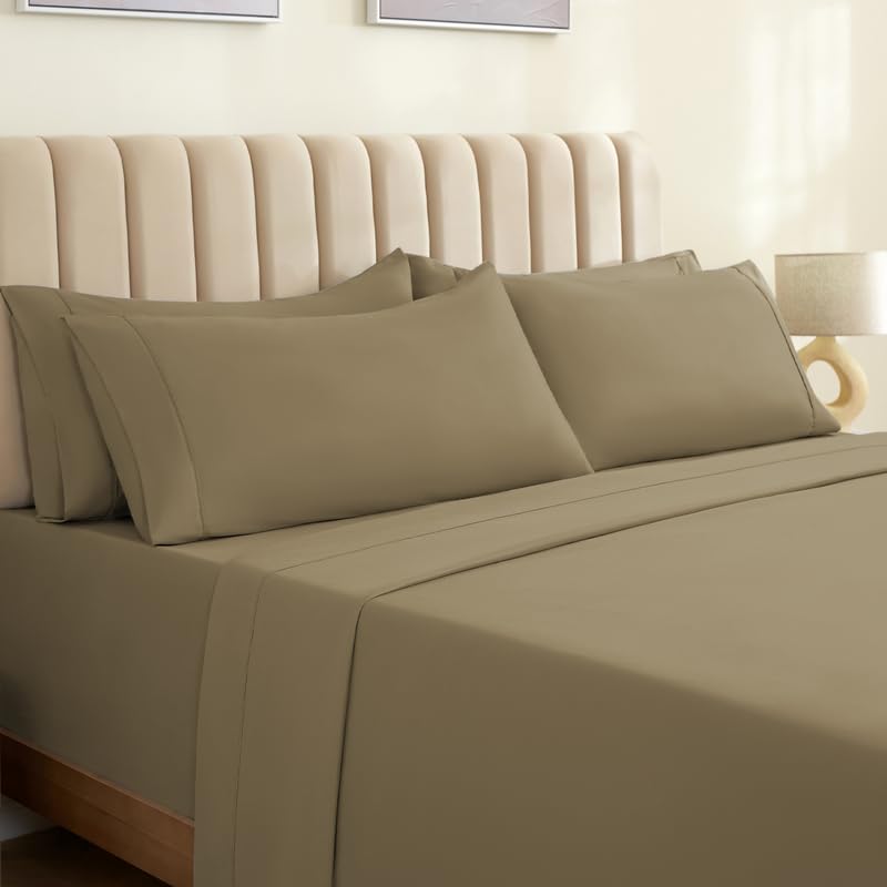 LuxClub 4 PC Sheet Set Bed Sheets Deep Pockets 18" Eco Friendly Wrinkle Free Sheets Machine Washable Hotel Bedding Silky Soft - Taupe Twin