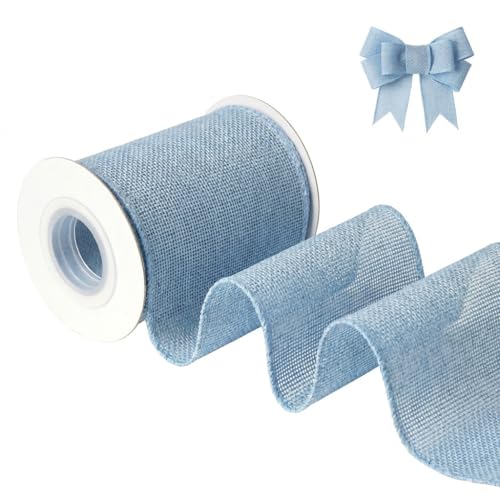 AFLZSP Light Blue Burlap Wired Ribbon Solid Ribbon with Wire Edge for Big Bow Wreath Outdoor Decoration Tree Decoration Gift Wrapping 4 Inch x 5 Yards/Roll.