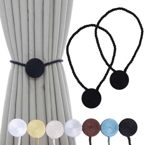 SLIFEOW Magnetic Curtain Tiebacks - 12mm Magnetic Tie Backs for Curtains, Heavy Duty No Drill Curtain Holdbacks for Home/Office Windows Drapes, Elegant Gift-Ready Design 7 Colors (2, Black)
