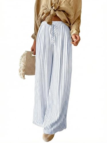 Image of Acelitt Women Casual Drawstring Elastic Waist Striped Wide Leg Pants with Pockets, S-XXL