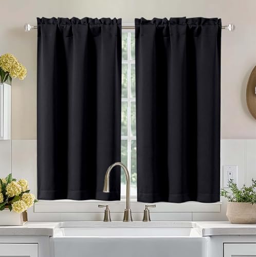 Image of Aiyufeng Halloween Black Short Blackout Curtains for Bedroom 45 Inches Long 2 Panels Set, Solid Thermal Insulated, Energy Saving Window Treatment Curtains Blackout Drapes, W40 x L45 Inch, Black