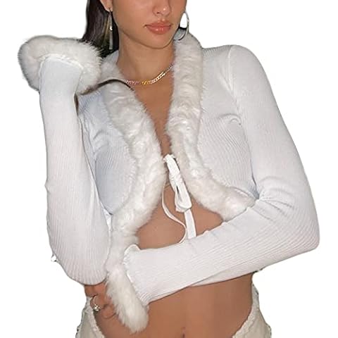 PDYLZWZY Women's Y2K Long Sleeve Knitted V-Neck Crop Tops Knitted Cardigan Top with Faux Fur Trim Collar Cuffs, White, M Cover