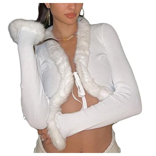 Women 's Fluffy Knitted Cardigan Long Sleeve V Neck Fur Trim Crop Top Winter Bodycon Streetwear (B White, Large)