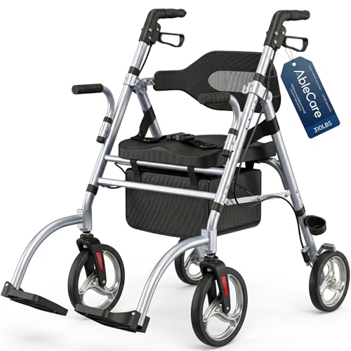 Ablecare Updated Rollator Walker for Seniors with Seat 2 in 1 Rolling Walker Wheelchair Combo for Mobility-Impaired Dual Height Adjustment Lightweight & Foldable Rollator Capacity 310lbs (Grey)