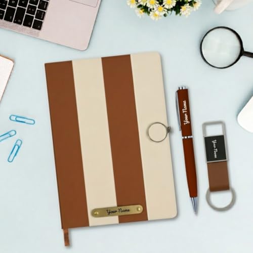 Image of Giftana 3 in 1 Personalized Diary with Pen and Keychain Gift Set for Men & Women, Leather Hardcover Diary, Customized Notebooks Diaries for Office, Employee Welcome Kit, Corporate Gifts for Employees (Brown)