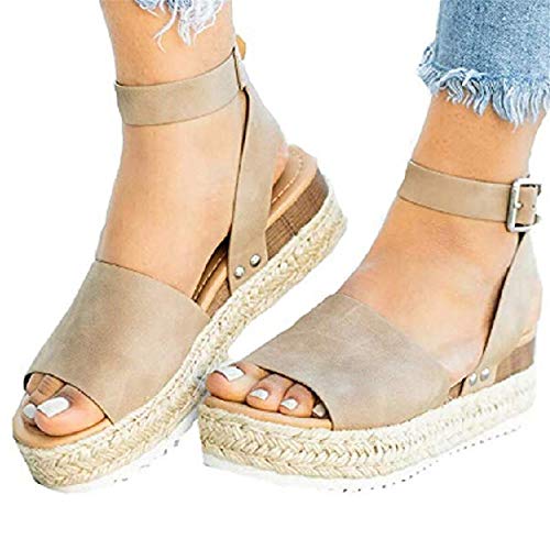 Aniywn Open Toe Casual Ankle Strap Sandals,Women Platform Espadrille Ankle Strap Studded Open Toe Sandals Khaki